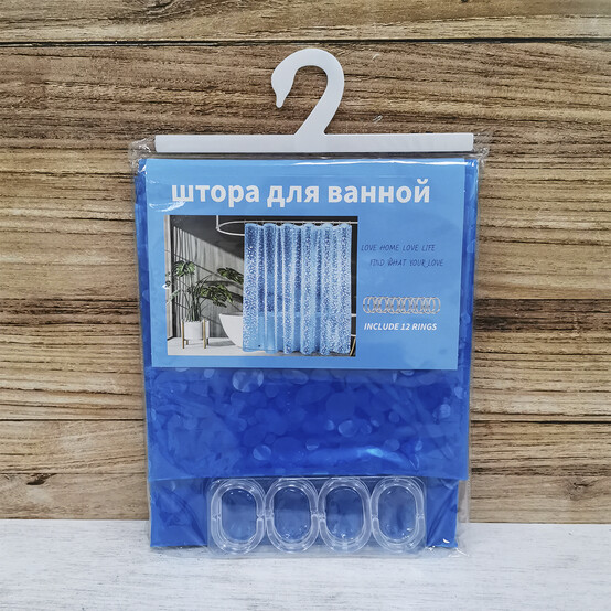 Штора для ванной 180х200см Baizheng BZ-MS1202 PEVA 90 г/см (12 колец) голубой с блестками (50)