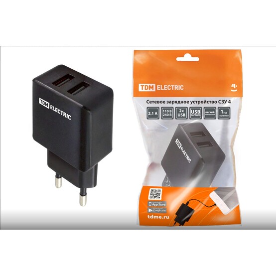 Сетевое зарядное устройство, СЗУ 4, 2,1 А, 2 USB, черный, TDM Сетевое зарядное устройство, СЗУ 4, 2,1 А, 2 USB, черный, TDM