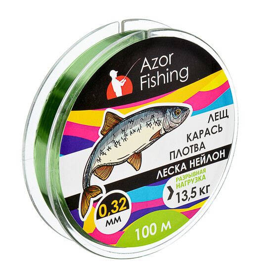 AZOR FISHING Леска, нейлон, "Карась, Плотва" 100м, 0,32мм, зеленая, разрывная нагрузка 13,5 кг AZOR FISHING Леска, нейлон, "Карась, Плотва" 100м, 0,32мм, зеленая, разрывная нагрузка 13,5 кг
