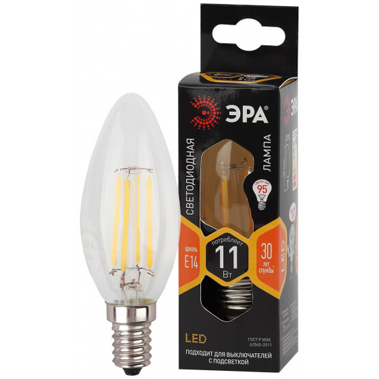 Лампы СВЕТОДИОДНЫЕ F-LED B35-11w-827-E14 ЭРА (филамент, свеча, 11Вт, тепл, E14) (1шт) Лампы СВЕТОДИОДНЫЕ F-LED B35-11w-827-E14 ЭРА (филамент, свеча, 11Вт, тепл, E14) (1шт)