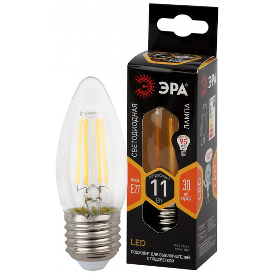 Лампы СВЕТОДИОДНЫЕ F-LED B35-11w-827-E27 ЭРА (филамент, свеча, 11Вт, тепл, E27) (1шт) Лампы СВЕТОДИОДНЫЕ F-LED B35-11w-827-E27 ЭРА (филамент, свеча, 11Вт, тепл, E27) (1шт)