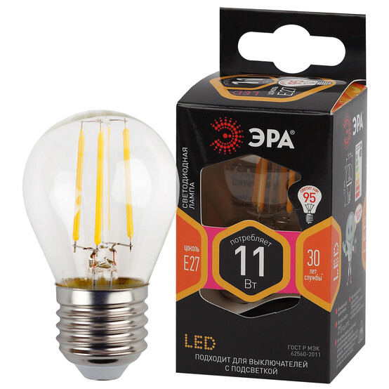 Лампа СВЕТОДИОДНАЯ F-LED F-LED P45-11w-827-E27 ЭРА (филамент, шар, 11Вт, тепл, E27) (1шт) Лампа СВЕТОДИОДНАЯ F-LED F-LED P45-11w-827-E27 ЭРА (филамент, шар, 11Вт, тепл, E27) (1шт)