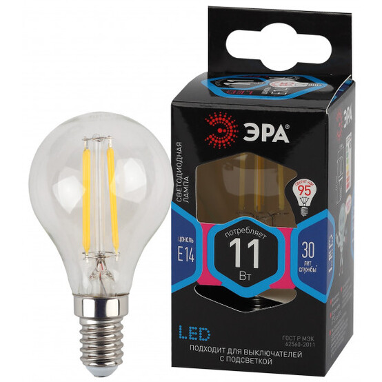 Лампы СВЕТОДИОДНЫЕ F-LED F-LED P45-11w-840-E14 ЭРА (филамент, шар, 11Вт, нейтр, E14) (1шт) Лампы СВЕТОДИОДНЫЕ F-LED F-LED P45-11w-840-E14 ЭРА (филамент, шар, 11Вт, нейтр, E14) (1шт)
