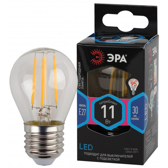 Лампы СВЕТОДИОДНЫЕ F-LED F-LED P45-11w-840-E27 ЭРА (филамент, шар, 11Вт, нейтр, E27) (1шт) Лампы СВЕТОДИОДНЫЕ F-LED F-LED P45-11w-840-E27 ЭРА (филамент, шар, 11Вт, нейтр, E27) (1шт)