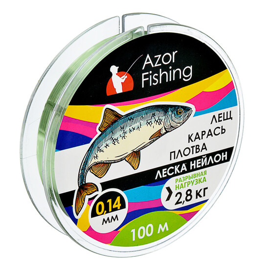 AZOR FISHING Леска, нейлон, "Карась, Плотва" 100м, 0,14мм, зеленая, разрывная нагрузка 2,8 кг AZOR FISHING Леска, нейлон, "Карась, Плотва" 100м, 0,14мм, зеленая, разрывная нагрузка 2,8 кг