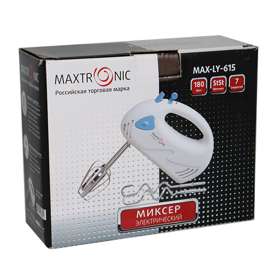 Миксер пластик 180 Вт 7 скоростей 4 насадки под упак бело-голубой Maxtronic (1/24) Миксер пластик 180 Вт 7 скоростей 4 насадки под упак бело-голубой Maxtronic (1/24)
