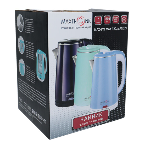 Чайник металлический электрический 2 л 1,8 кВт Maxtronic (1/12), арт. MAX-322