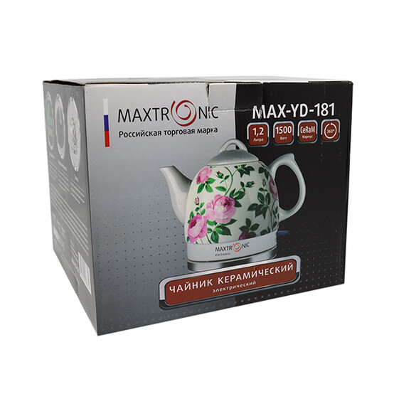 Чайник фарфоровый электрический 1,2 л 1,5 кВт розовая роза c листьями Maxtronic (1/12), арт. MAX-YD-