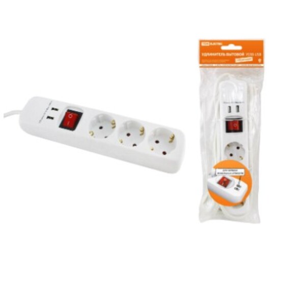 Удлинитель бытовой У03В-USB 3 гнезда, 2USB разъема, 1,5 метра, вык., з/к, ПВС 3х1мм2 16А/250В TDM Удлинитель бытовой У03В-USB 3 гнезда, 2USB разъема, 1,5 метра, вык., з/к, ПВС 3х1мм2 16А/250В TDM