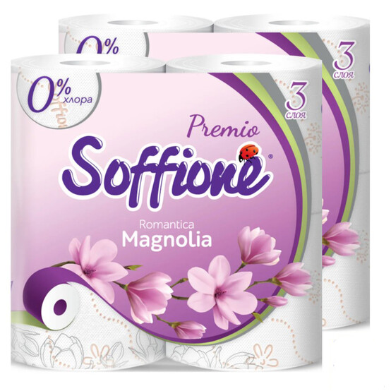 Туалетная бумага Soffione Premio Romantica Magnolia трехслойная, 4 рулона /10900208 Туалетная бумага Soffione Premio Romantica Magnolia трехслойная, 4 рулона /10900208