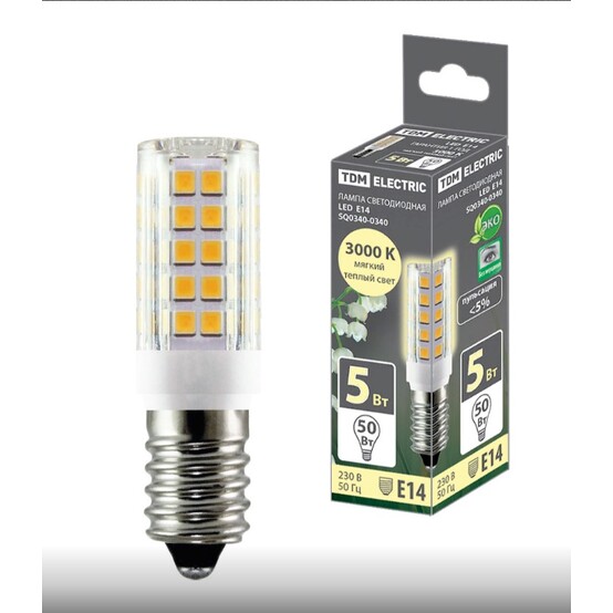 Лампа светодиодная Е14-5 Вт-230 В-3000 К, SMD, 16x54 мм TDM