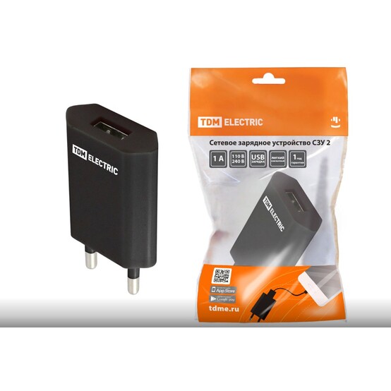 Сетевое зарядное устройство, СЗУ 2, 1 А, 1 USB, черный, TDM Сетевое зарядное устройство, СЗУ 2, 1 А, 1 USB, черный, TDM