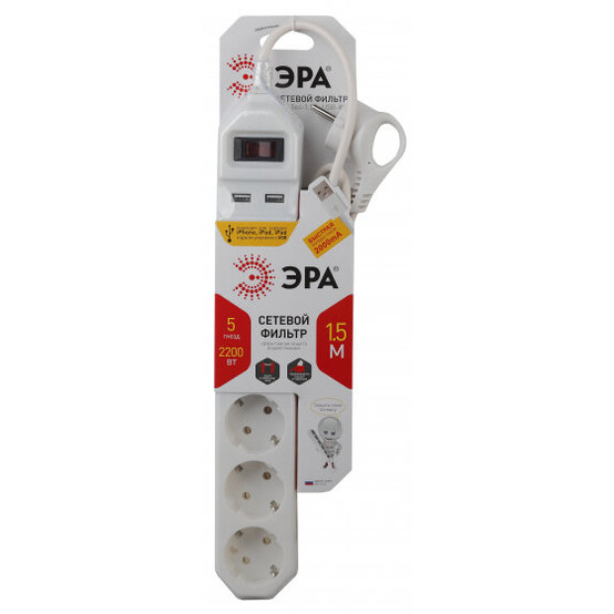 Сетевой фильтр USF-5es-1.5m-USB-W ЭРА (белый) с заземл, 3x0,75мм2, с выкл, 5гн+2USB, 1.5м Сетевой фильтр USF-5es-1.5m-USB-W ЭРА (белый) с заземл, 3x0,75мм2, с выкл, 5гн+2USB, 1.5м