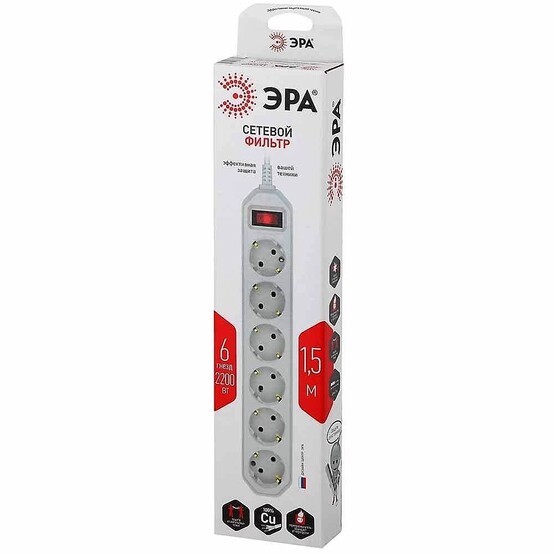 Сетевой фильтр USF-6es-3m-W-BOX ЭРА (белый) с заземл, 3x0,75мм2, с выкл, 6гн, 3м Сетевой фильтр USF-6es-3m-W-BOX ЭРА (белый) с заземл, 3x0,75мм2, с выкл, 6гн, 3м
