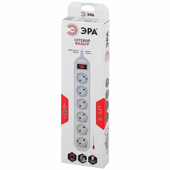 Сетевой фильтр USF-6es-5m-W-BOX ЭРА (белый) с заземл, 3x0,75мм2, с выкл, 6гн, 5м Сетевой фильтр USF-6es-5m-W-BOX ЭРА (белый) с заземл, 3x0,75мм2, с выкл, 6гн, 5м