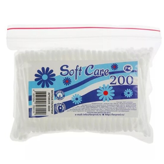 Soft Care Ватные палочки 200шт пакет/4009 Soft Care Ватные палочки 200шт пакет/4009