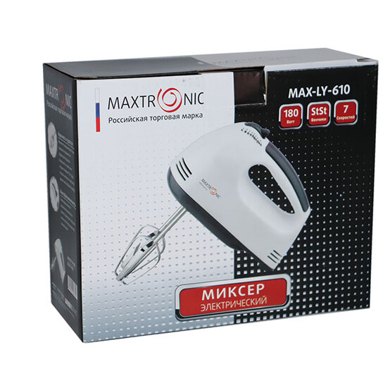 Миксер 180 Вт 7 скоростей 2 насадки бело-серый Maxtronic (1/24)