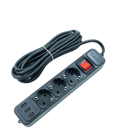 Удлинитель 4 гнезда 3 usb 5 м черный Baizheng (1/60)