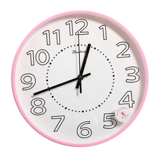 Акция! Часы пластиковые настенные 30 см круг розовый Большие цифры Baizheng (1/30)