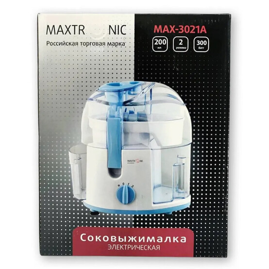 Соковыжималка пластик 300 Вт 0,2 л импульсная универсальная бело-голубой Maxtronic (1/6)