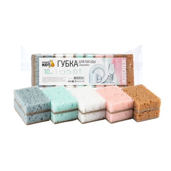 Губка поролоновая с фиброй для посуды 10 шт 9,3*6,5*2,7 см мультиколор Aquarelle Рыжий кот (1/30)