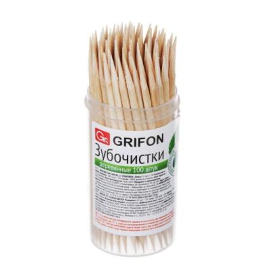 GRIFON Зубочистки из дерева 100шт, в пластиковой баночке, 400-002