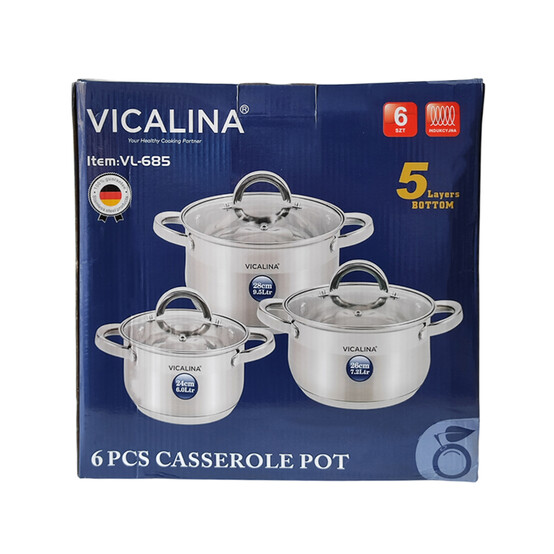 Набор посуды нерж сталь 6 пр 6 л 7,2 л 9,5 л стекл крышка индукция VL-685 Vicalina Baizheng (1/4)