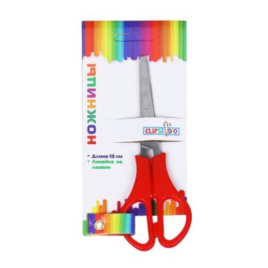 ClipStudio Ножницы школьные 13см с линейкой, пластиковые ручки, 3 цвета, на карточке с подв