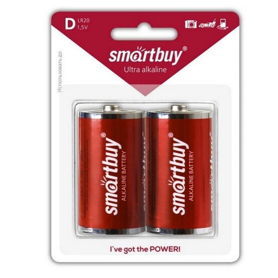 Батарейка алкалиновая D LR20/2B 1,5V упак 2 шт красный Ultra Smartbuy (1/1)