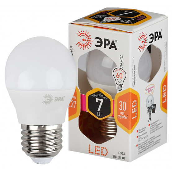 Лампа светодиодная  ЭРА LED smd P45-7w-827-E27 (10/100/3000)