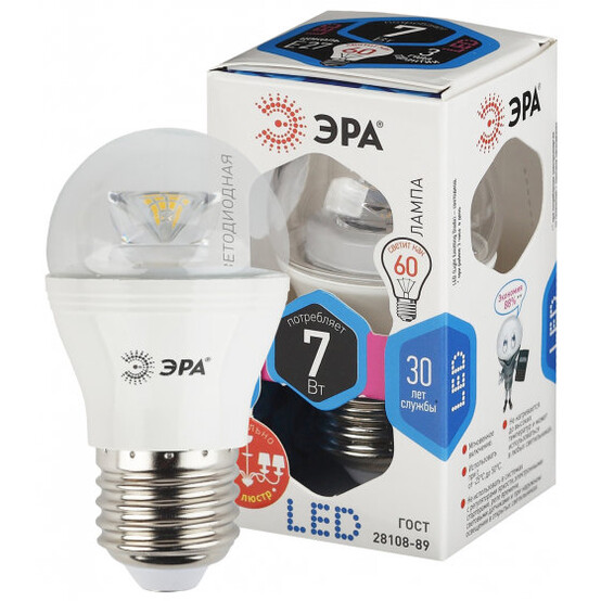 Лампа светодиодная  ЭРА LED smd P45-7w-840-E27-Clear (6/60/2400)