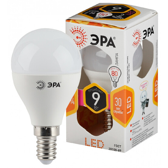 Лампа светодиодная  ЭРА LED smd P45-9w-827-E14 (10/100/3000)