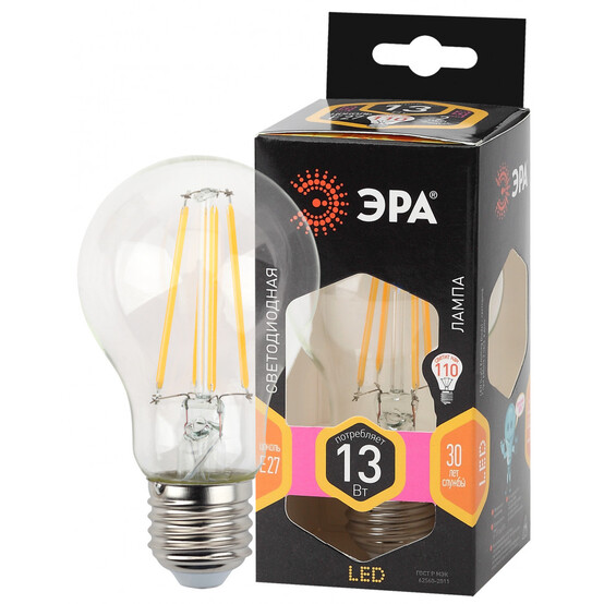 Лампы СВЕТОДИОДНЫЕ F-LED A60-13W-827-E27 ЭРА (филамент, груша, 13Вт, тепл., Е27) Лампы СВЕТОДИОДНЫЕ F-LED A60-13W-827-E27 ЭРА (филамент, груша, 13Вт, тепл., Е27)