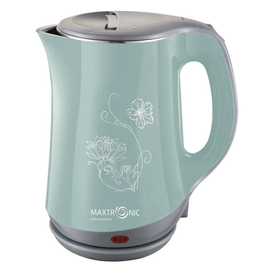 Чайник металлический электрический 2,3 л 1,8 кВт цветы на голубом Maxtronic (1/16)